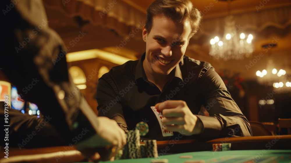 A man with a confident smile holds playing cards at a casino table, exuding a sense of excitement and anticipation amidst the vibrant, illuminated ambiance. A man with a confident smile holds playing cards at a casino table, exuding a sense of excitement and anticipation amidst the vibrant, illuminated ambiance.