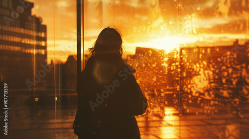 A lone figure, backlit by the golden hues of a setting sun, stands by a glass pane dripping with condensation. photo