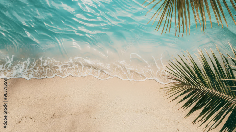 Calm turquoise waters gently meeting the sandy beach with palm leaves in the foreground. Calm turquoise waters gently meeting the sandy beach with palm leaves in the foreground.