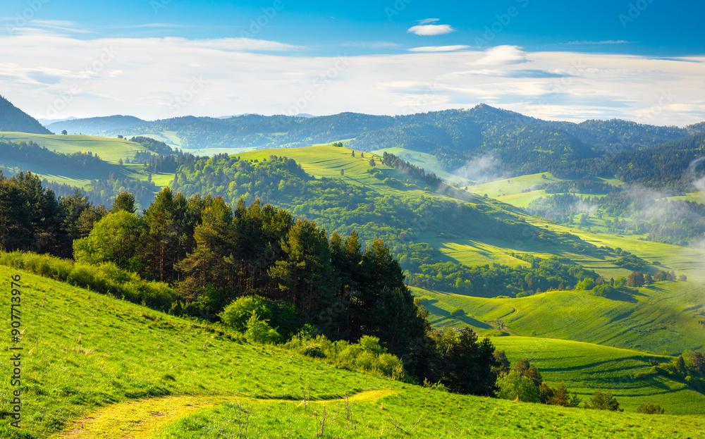 Mountain landscape in the Pieniny National Park at the foot of the Tatra Mountains. Pieniny Park is located on the border of Poland and Slovakia