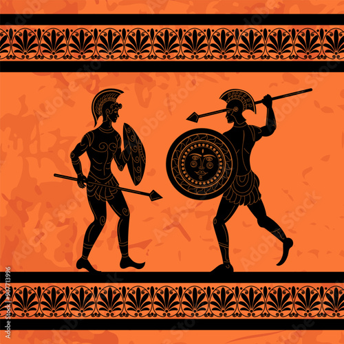Greek mural. Ancient warriors. Athens mythology. Rome gladiators. Sparta soldiers battle background. Trojan historic art. Black silhouette. Men with shields and spears. Vector antique painting pattern