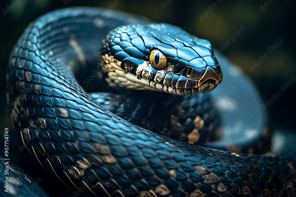 An image of a snake coiled elegantly, showcasing its sleek scales and distinctive pattern. The scene captures the snake in a natural setting, emphasizing its graceful movement and keen focus. This ima