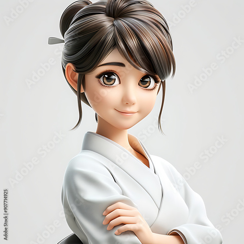 8. Youthful and cheerful digital 3D cel animation of a Japanese teenage woman with perfect skin, captivating eyes, and a charming smile, standing out against a white background, influenced by  photo