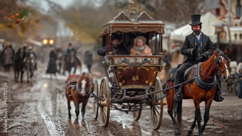 Elegant Horse-Drawn Carriage in Lively 1800s Street with Historical Charm