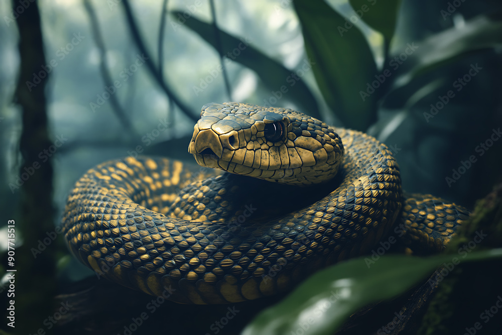 An image of a snake coiled elegantly, showcasing its sleek scales and distinctive pattern. The scene captures the snake in a natural setting, emphasizing its graceful movement and keen focus. This ima An image of a snake coiled elegantly, showcasing its sleek scales and distinctive pattern. The scene captures the snake in a natural setting, emphasizing its graceful movement and keen focus. This ima