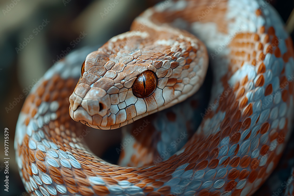 An image of a snake coiled elegantly, showcasing its sleek scales and distinctive pattern. The scene captures the snake in a natural setting, emphasizing its graceful movement and keen focus. This ima An image of a snake coiled elegantly, showcasing its sleek scales and distinctive pattern. The scene captures the snake in a natural setting, emphasizing its graceful movement and keen focus. This ima