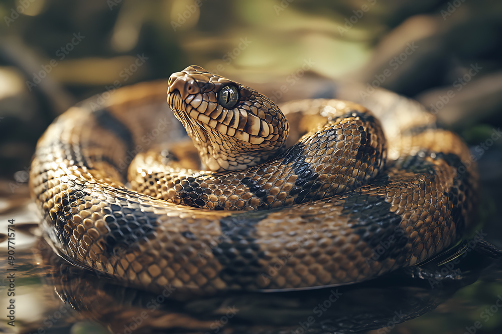 An image of a snake coiled elegantly, showcasing its sleek scales and distinctive pattern. The scene captures the snake in a natural setting, emphasizing its graceful movement and keen focus. This ima An image of a snake coiled elegantly, showcasing its sleek scales and distinctive pattern. The scene captures the snake in a natural setting, emphasizing its graceful movement and keen focus. This ima