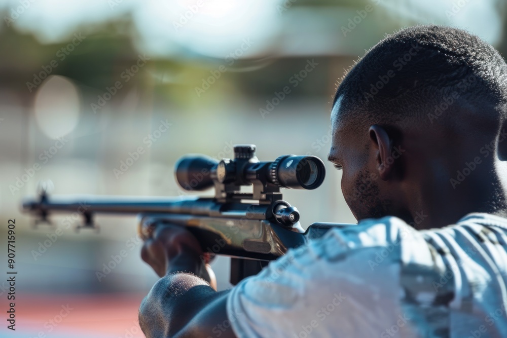 Black man practicing target shooting sport, person is focused and enjoying the sport, sports photography Black man practicing target shooting sport, person is focused and enjoying the sport, sports photography
