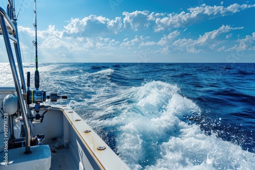 boat fishing trolling panoramic rod and reels blue sea