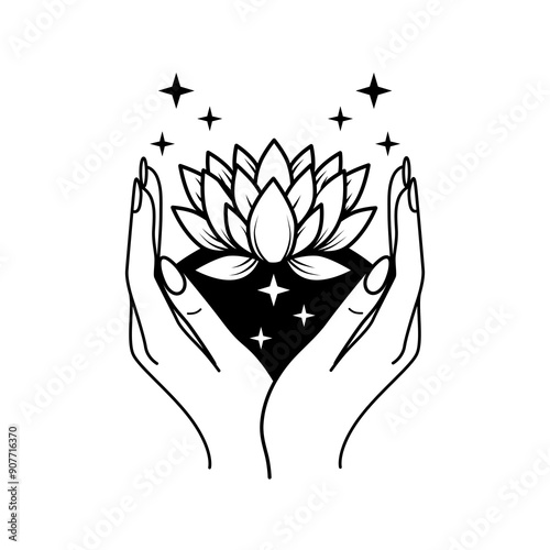 Vector illustration of a lotus flower held by two hands with stars surrounding it.