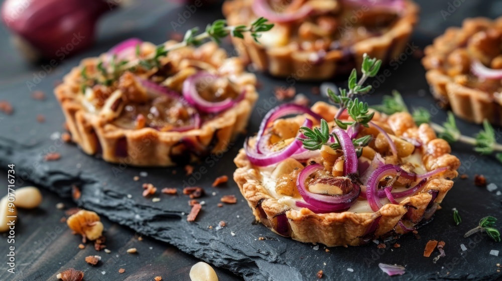 Delicate Red Onion Goat Cheese Tartlets with Pine Nuts and Thyme on Rustic Background Delicate Red Onion Goat Cheese Tartlets with Pine Nuts and Thyme on Rustic Background