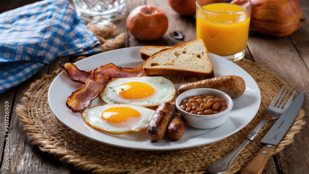 A plate of breakfast with eggs, bacon and beans on a wooden table, AI