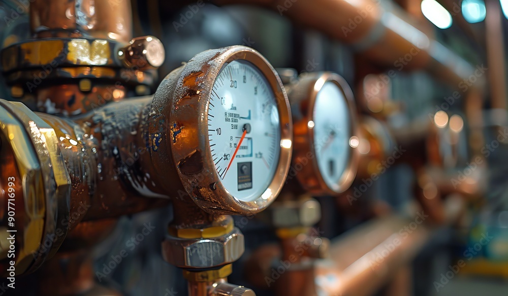 Close-up shot of copper pipes with pressure gauges in an industrial setting Close-up shot of copper pipes with pressure gauges in an industrial setting