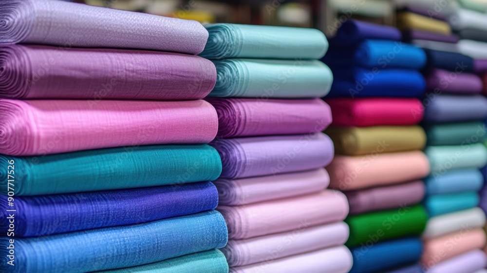 Colorful stacks of clean cotton fabric in a dry cleaning workshop. Organized and fresh. Colorful stacks of clean cotton fabric in a dry cleaning workshop. Organized and fresh.