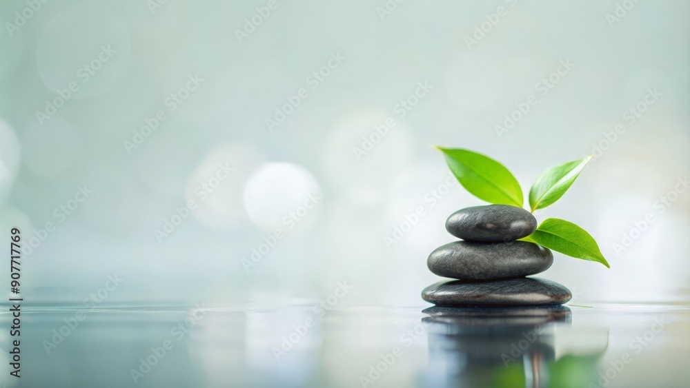 Naklejka premium Spa Stones with Green Leaf and Tranquil Background