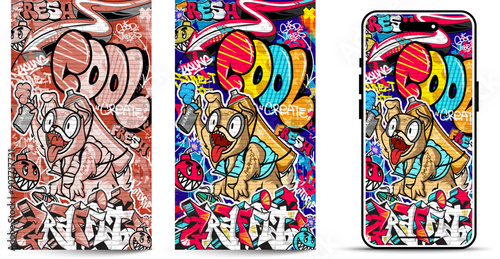 Graffiti wallpaper vector illustration. Vibrant and colorful street art urban graffiti illustration with scribbles, tagging, drips for wall art, wallpaper and many purposes