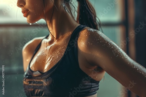 Close up body of sporty girl in drop of sweat on skin after workout