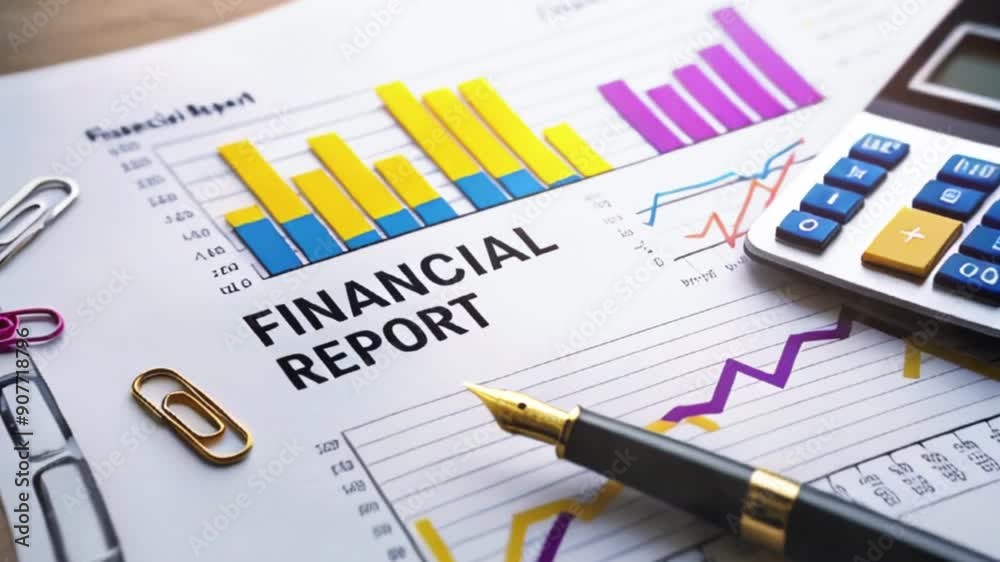 Comprehensive Financial Overview: High-Resolution Photograph of a Detailed Report Featuring Bar Graphs, Line Charts, and Pie Charts in Blue, Yellow, and Purple Comprehensive Financial Overview: High-Resolution Photograph of a Detailed Report Featuring Bar Graphs, Line Charts, and Pie Charts in Blue, Yellow, and Purple