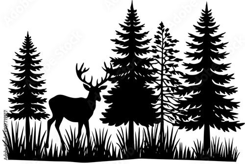 Silhouette of a deer with pine trees and forest scenery on white background, Deer silhouette, vector illustration	
