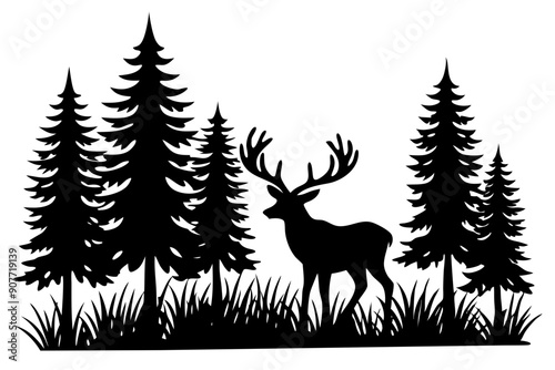 Silhouette of a deer with pine trees and forest scenery on white background, Deer silhouette, vector illustration 