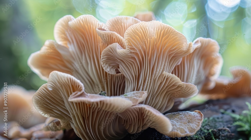 Fragile gills of a group of oyster mushrooms flourishing on rotting wood in a wild forest environment