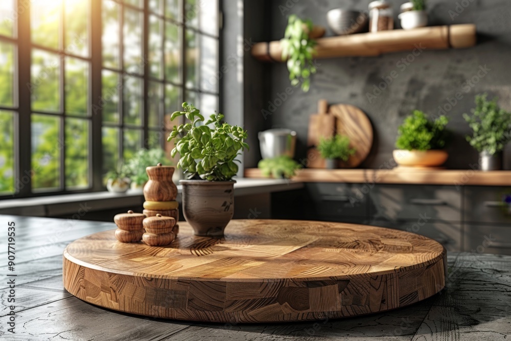 Empty Round Wooden Tabletop in Clean and Bright Kitchen Ready for Display and Product Montage Empty Round Wooden Tabletop in Clean and Bright Kitchen Ready for Display and Product Montage