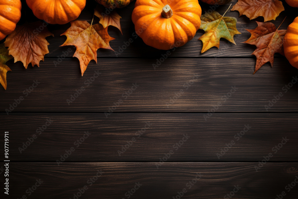 a top view photo of Pumpkins and maple leaves. a top view photo of Pumpkins and maple leaves.
