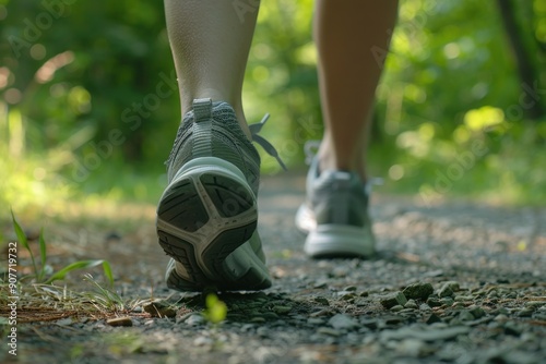 Close-Up of Walking Feet on Forest Trail. Close-up view of people's feet in athletic shoes, walking