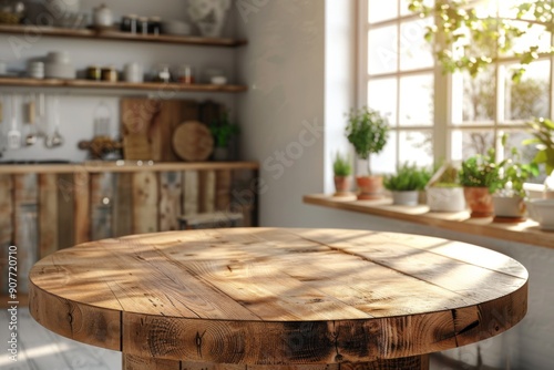 Empty Round Wooden Tabletop in Clean and Bright Kitchen Ready for Display and Product Montage