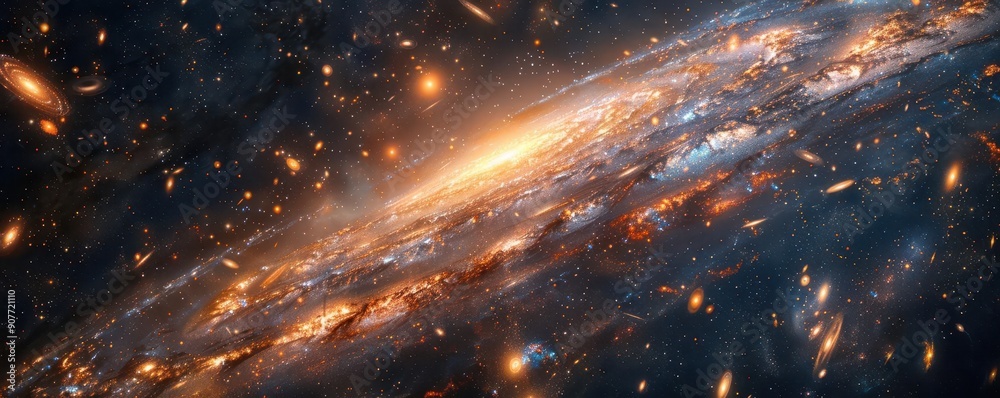 Obraz premium Render a mesmerizing view of spacetime continuum with expanding galaxies, top view, visualizing cosmic growth, advanced tone, Tetradic color scheme, copy space for text,
