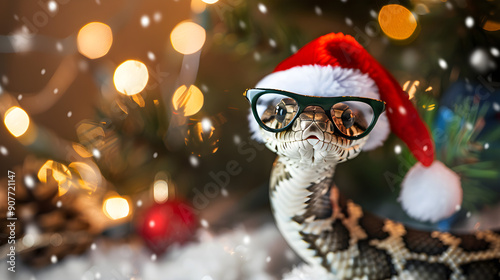 A symbol of the year 2025, a wooden snake wearing a Santa hat and glasses celebrates Christmas with holiday lights and snowflakes in the background.