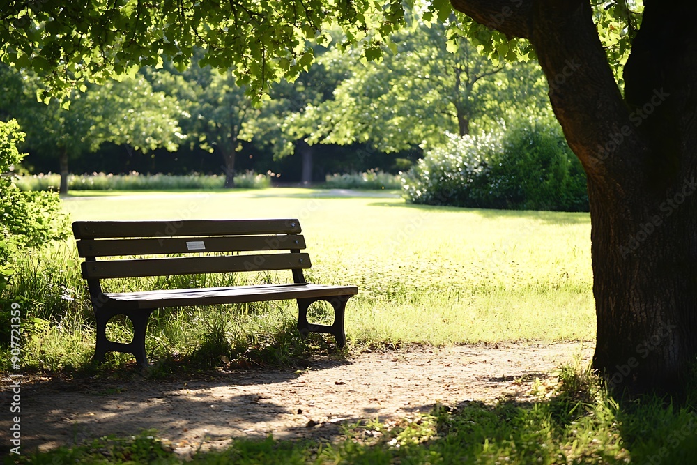 Empty park bench in a peaceful park Empty park bench in a peaceful park