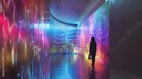 Silhouette of a Woman in a Hallway of Vibrant Digital Art