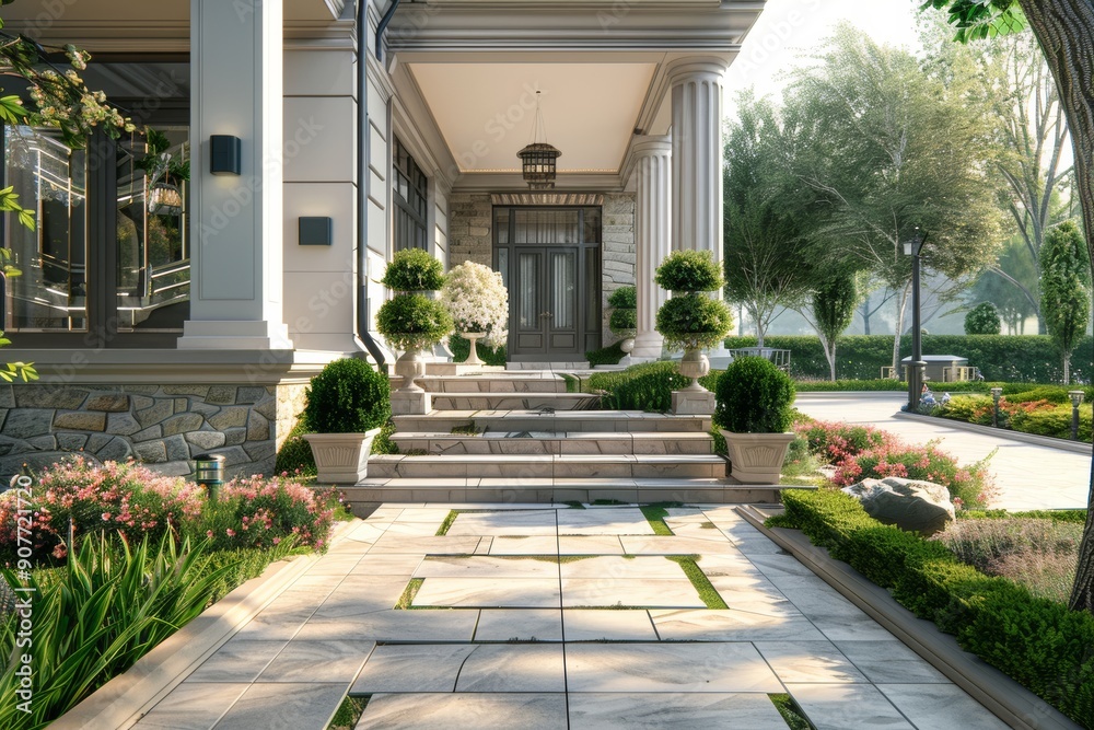 A view of a house entrance with stone steps and lush greenery A view of a house entrance with stone steps and lush greenery