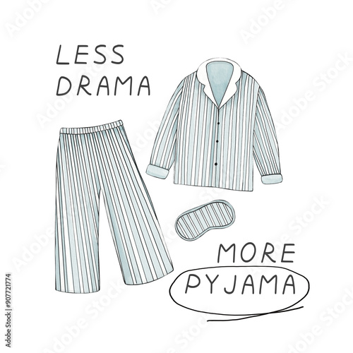 Hand drawn graphic clip art of blue striped pajamas on white isolated background. Watercolor drawing. Sketch of gender neutral onesie blank for design. Less drama more pajama