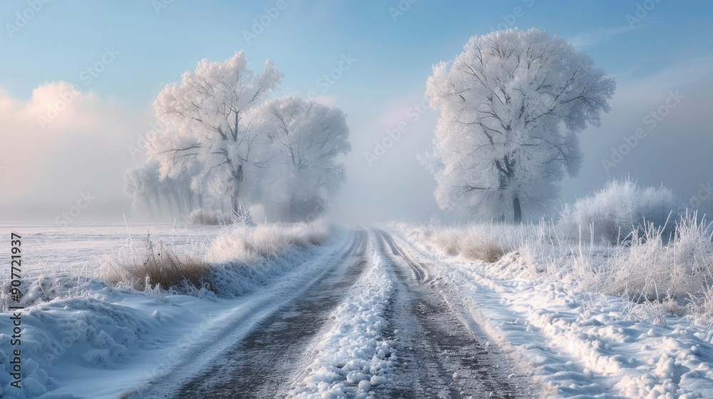 Beautiful White Rime Along Country Road with Ethereal Dreamlike Daytime Scene Beautiful White Rime Along Country Road with Ethereal Dreamlike Daytime Scene