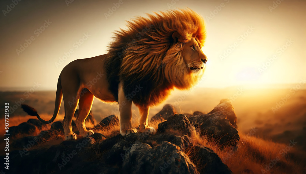 Obraz premium A lion stands alone on a mountain.
