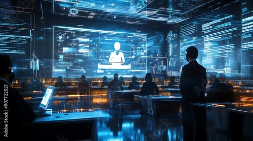 A futuristic educational environment with holographic teachers and virtual classrooms, powered by the internet --ar 16:9