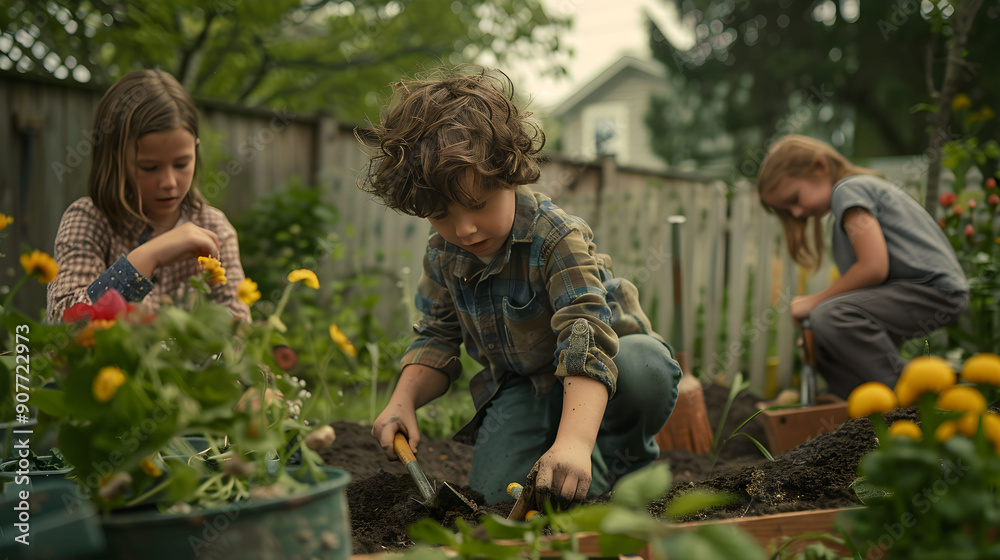 custom made wallpaper toronto digitalThree children are enthusiastically working together in a backyard garden, planting flowers and digging in the soil.