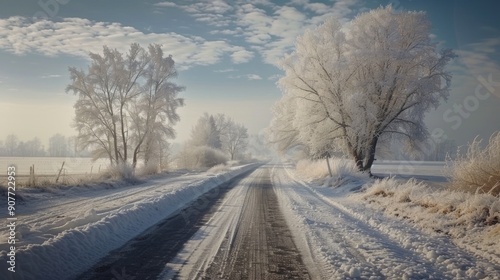 Beautiful White Rime Along Country Road with Ethereal Dreamlike Daytime Scene