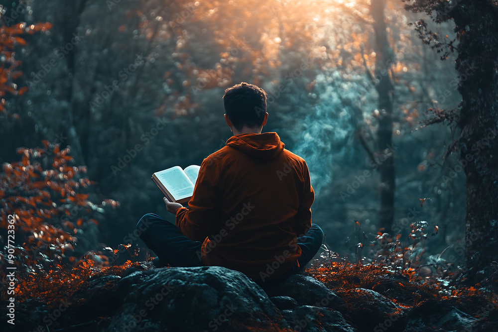 A person sitting peacefully in a serene environment, holding a book. The scene captures a tranquil moment of relaxation and introspection, with the individual absorbed in reading amidst a backdrop of A person sitting peacefully in a serene environment, holding a book. The scene captures a tranquil moment of relaxation and introspection, with the individual absorbed in reading amidst a backdrop of