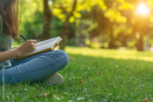 A person sitting peacefully in a serene environment, holding a book. The scene captures a tranquil moment of relaxation and introspection, with the individual absorbed in reading amidst a backdrop of 