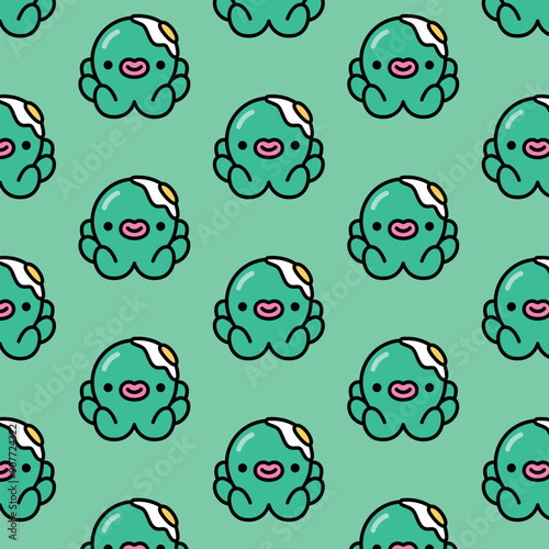 UTE LITTLE GREEN OCTOPUS WITH AN EGG ON HIS HEAD SEAMLESS PATTERN