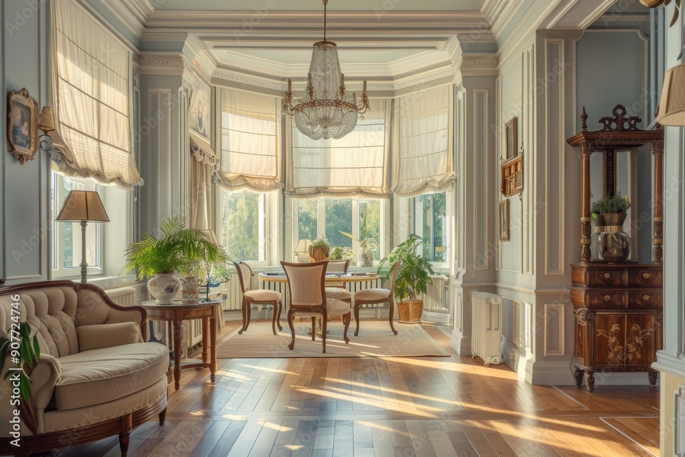 A sunlit, elegantly furnished interior with a window seat A sunlit, elegantly furnished interior with a window seat