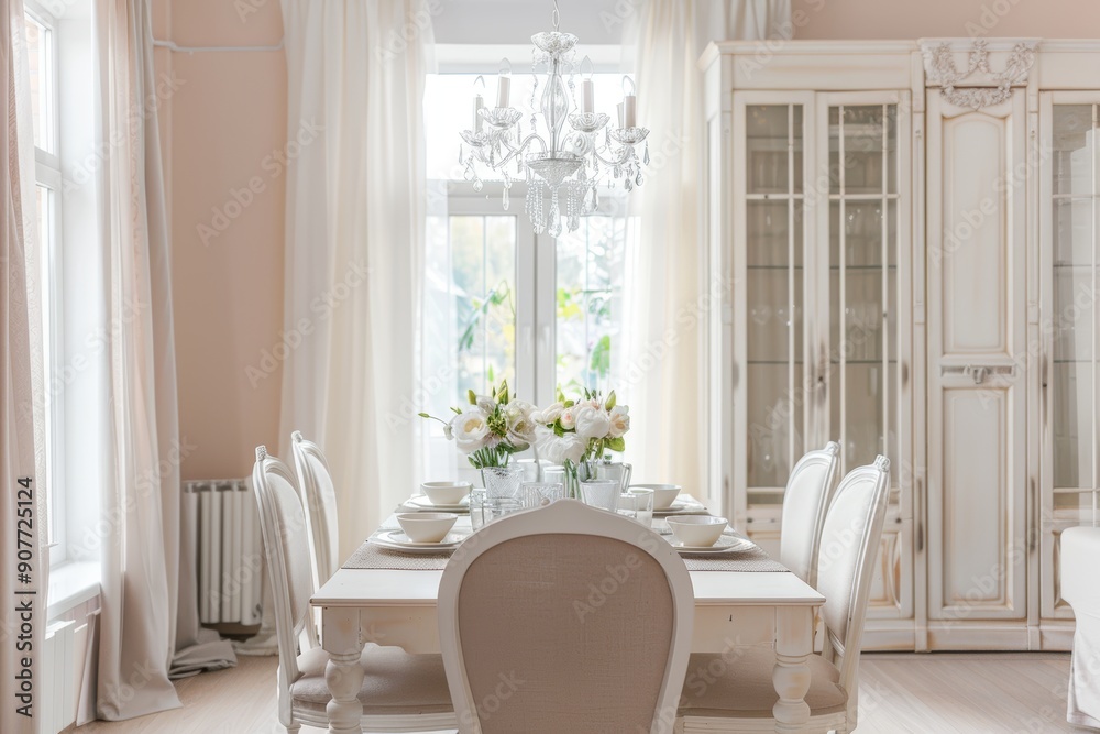 A white dining room with a crystal chandelier and white flowers on the table A white dining room with a crystal chandelier and white flowers on the table