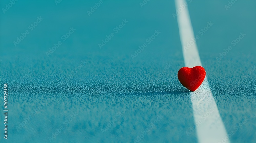 Lone Heart on the Line: A single red heart stands out against a minimalist teal background, poised on a stark white line. A poignant symbol of love, risk, and the delicate balance of emotions. Lone Heart on the Line: A single red heart stands out against a minimalist teal background, poised on a stark white line. A poignant symbol of love, risk, and the delicate balance of emotions.