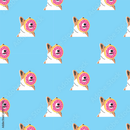FUNNY DOG WITH A BIG DONUT ON HIS FACE SEAMLESS PATTERN