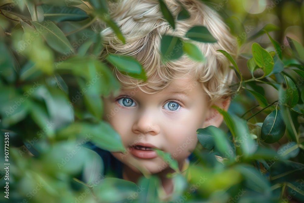 Blonde toddler boy with blue eyes peeking from bushes. Blonde toddler boy with blue eyes peeking from bushes.