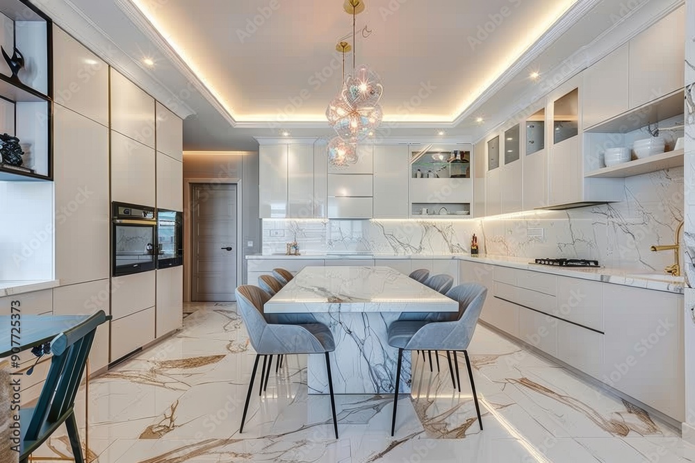 Fototapeta premium A modern kitchen with white cabinets and a large marble island