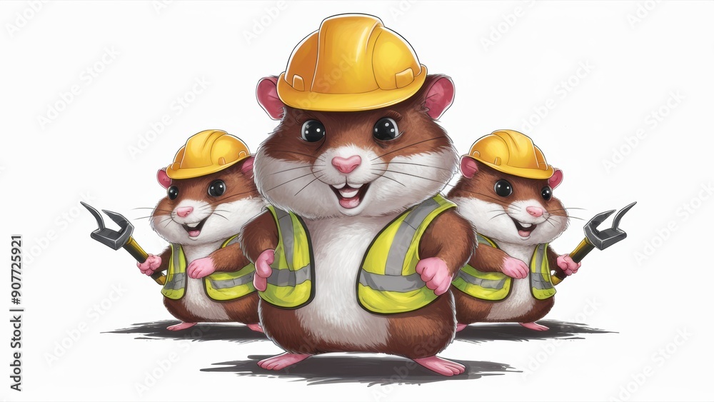 Obraz premium Three cartoon characters wearing hard hats and yellow vests, AI